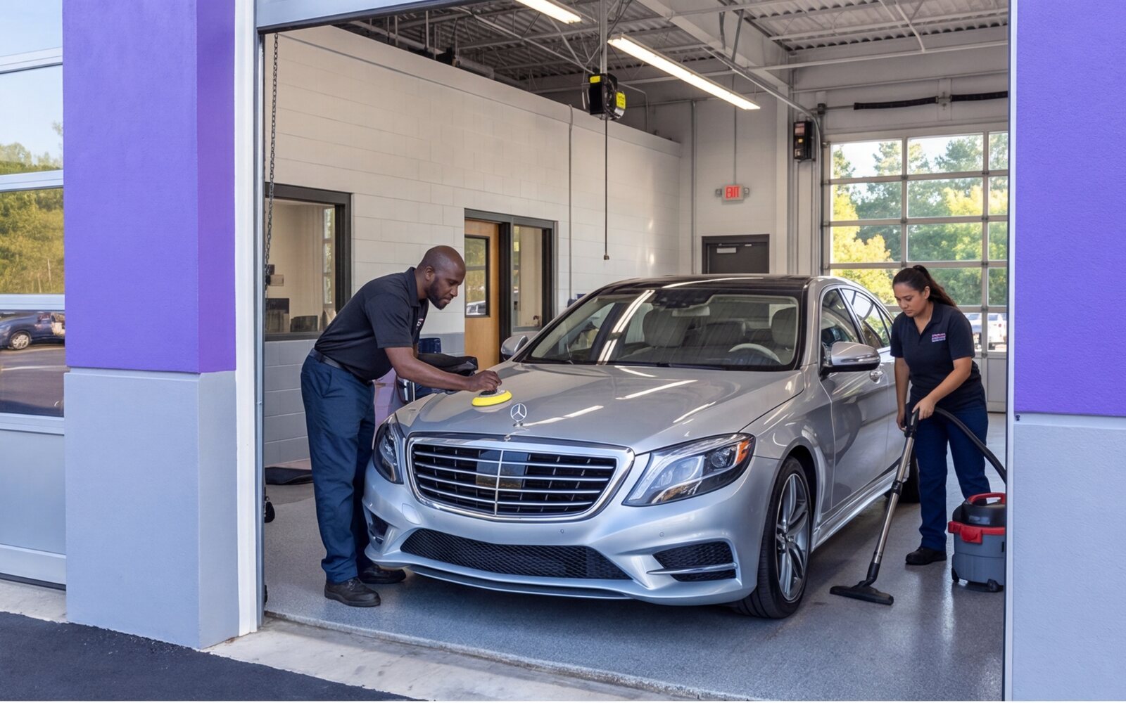 Technicians completing vehicle care in a service bay
