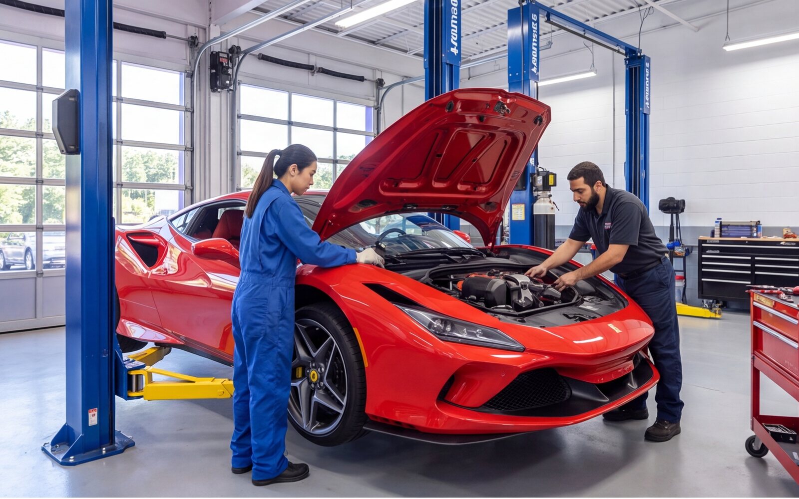 Technicians inspecting an engine in a service bay