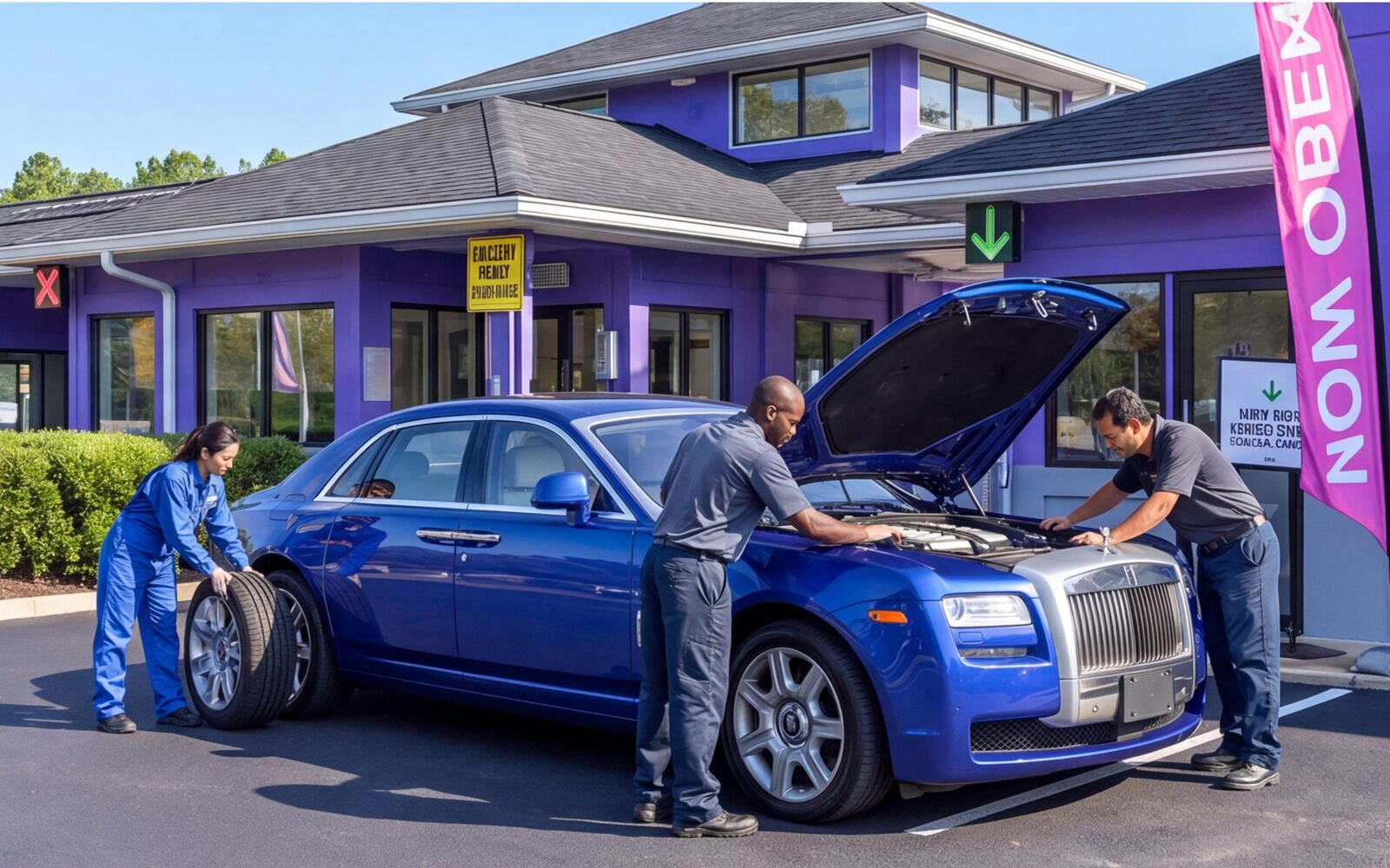 Technicians working around an open engine bay